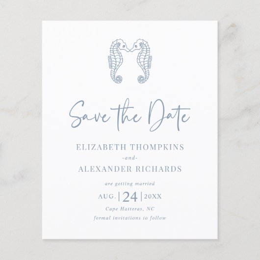 Budget Seahorse Coastal Dusty Blue Save the Date (Voorkant)