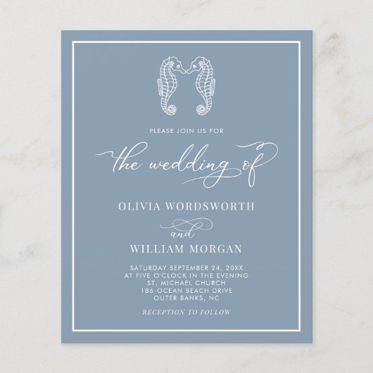 Budget Seahorse Dusty Blue Beach Wedding Invite Flyer (Voorkant)