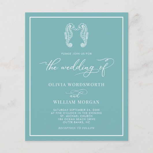 Budget Seahorse Zee Glass Blue Wedding Invitation Flyer (Voorkant)