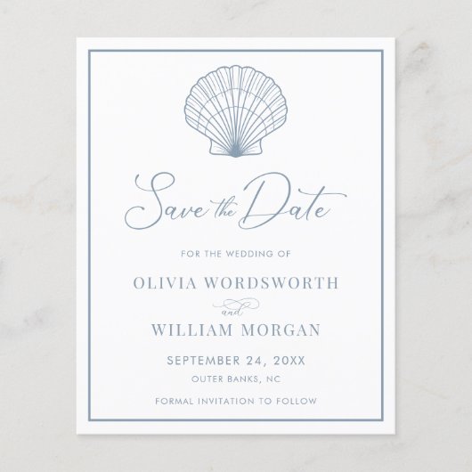 Budget Seashell Beach Dusty Blue Save the Date (Voorkant)