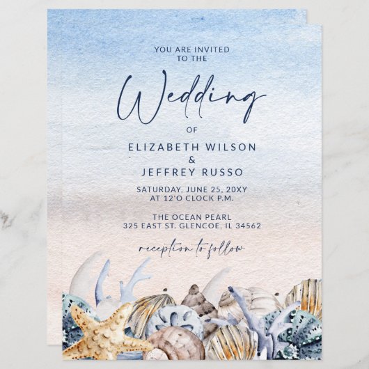 Budget Seashells Beach bruiloft uitnodiging (Voorkant / Achterkant)