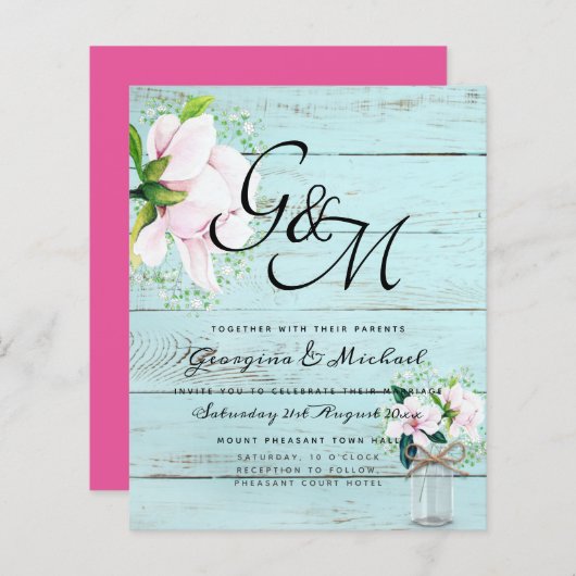 BUDGET Sfeervol Roze Magnolia Chic Trouw Uitnodigi (Voorkant / Achterkant)
