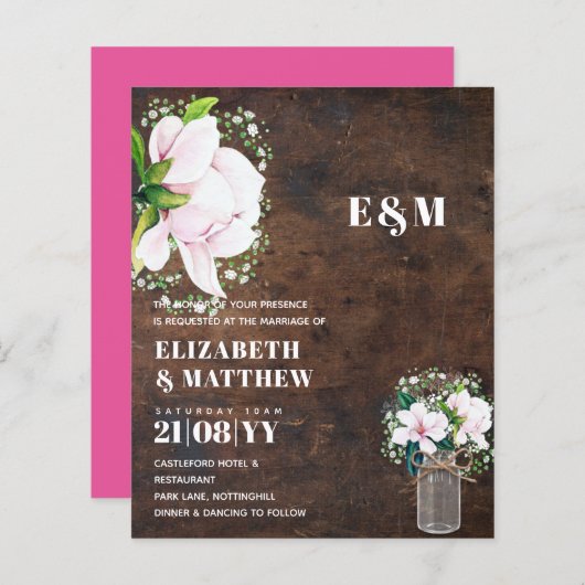 BUDGET Sfeervol Roze Magnolia Chic Trouw Uitnodigi (Voorkant / Achterkant)