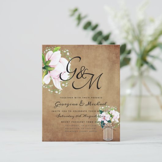 BUDGET Shabby Pink Magnolia Chic Wedding Invite (Staand voorkant)