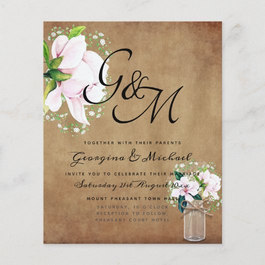 BUDGET Shabby Pink Magnolia Chic Wedding Invite (Voorkant)