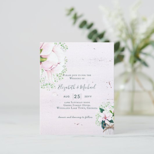 BUDGET Shabby Pink Magnolia Chic Wedding Invite (Staand voorkant)