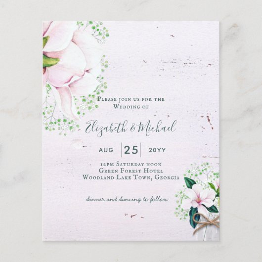 BUDGET Shabby Pink Magnolia Chic Wedding Invite (Voorkant)