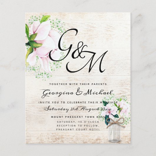 BUDGET Shabby Pink Magnolia Chic Wedding Invite (Voorkant)