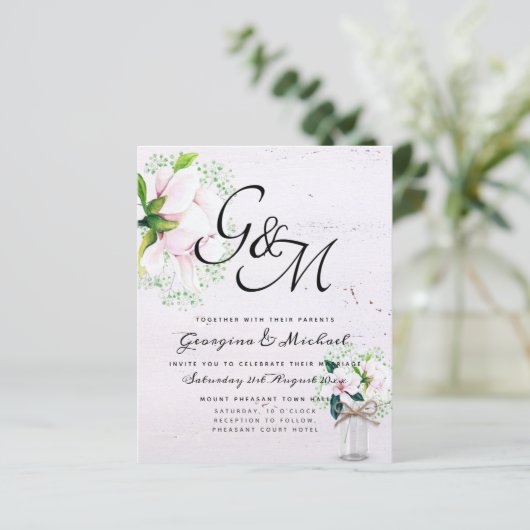 BUDGET Shabby Roze Magnolia Chic Trouw Uitnodiging (Staand voorkant)