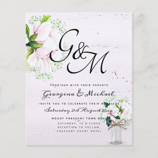 BUDGET Shabby Roze Magnolia Chic Trouw Uitnodiging (Voorkant)