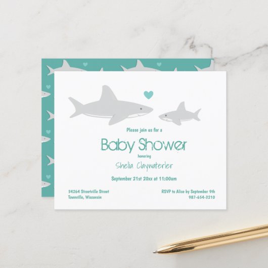 Budget Shark Green White Baby shower Invitation (Voorkant / Achterkant in situ)