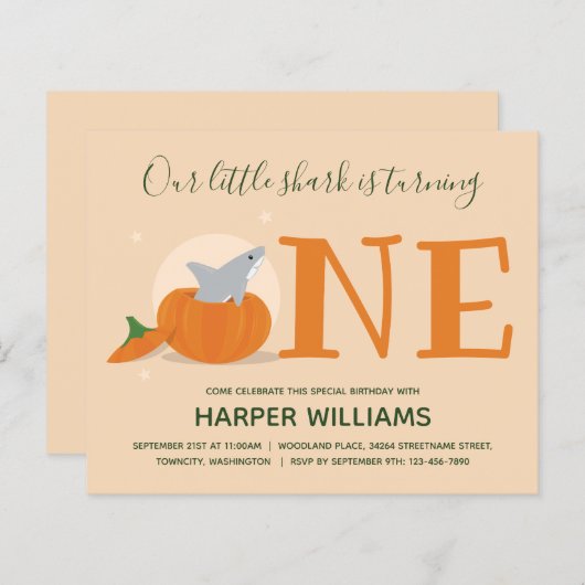 Budget Shark One Pumpkin First Birthday Invite (Voorkant / Achterkant)
