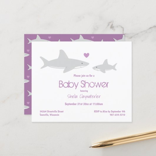 Budget Shark Paars White Baby shower Invitation (Voorkant / Achterkant in situ)