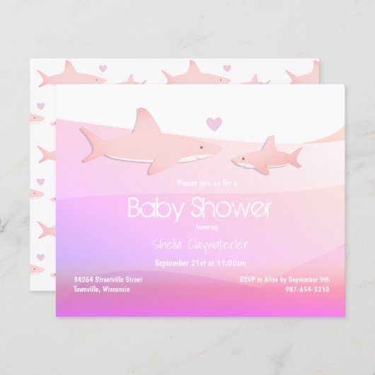 Budget Shark Pink Ocean Baby shower Invitation (Voorkant / Achterkant)