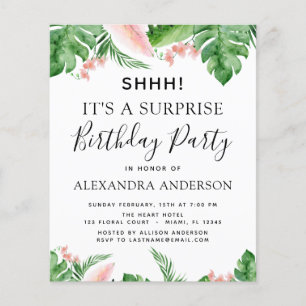 Budget Shhh Surprise Birthday Party tropical Flyer