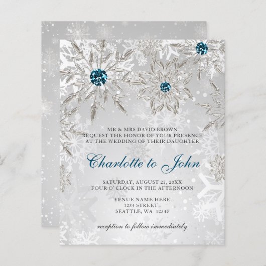 Budget Silver Aqua Snowflakes Weddenschap (Voorkant / Achterkant)