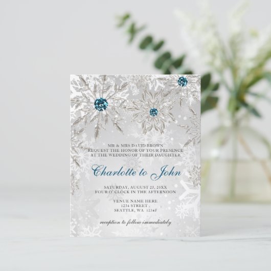Budget Silver Aqua Snowflakes Weddenschap (Staand voorkant)