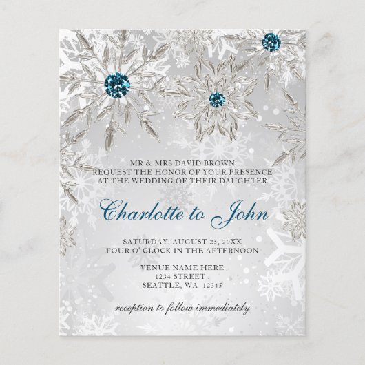 Budget Silver Aqua Snowflakes Weddenschap (Voorkant)