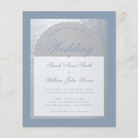 Budget Silver Arch Dusty Blue Wedding Uitnodiging (Voorkant)