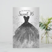Budget Silver Black Dress Sweet 16 Uitnodiging (Staand voorkant)