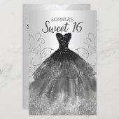 Budget Silver Black Dress Sweet 16 Uitnodiging (Voorkant / Achterkant)