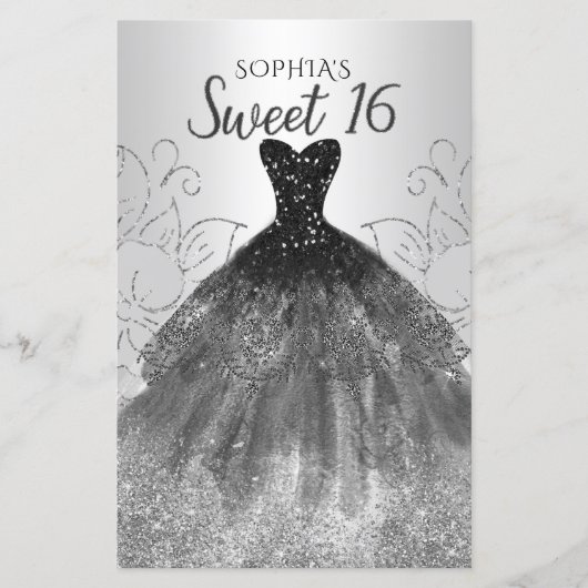 Budget Silver Black Dress Sweet 16 Uitnodiging (Voorkant)