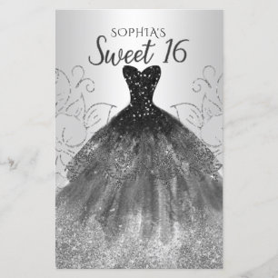 Budget Silver Black Dress Sweet 16 Uitnodiging
