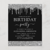 Budget Silver Black Glitter Birthday Uitnodiging (Voorkant)
