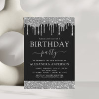 Budget Silver Black Glitter Birthday Uitnodiging