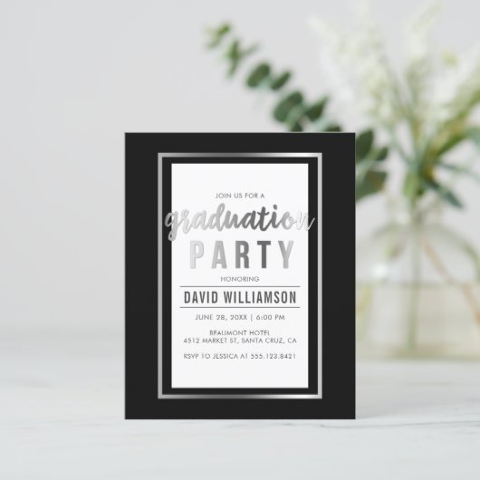 Budget Silver & Black Typography Graduparty (Staand voorkant)