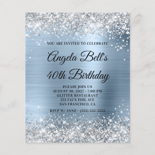 Budget Silver Bleek Blue 40th Birthday Invite (Voorkant)