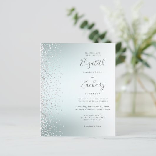 Budget Silver Confetti Aqua Ombre Wedding Invite (Staand voorkant)