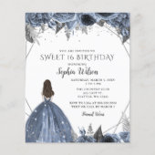 Budget Silver Dusty Blue Dress Sweet 16 Invitation (Voorkant)