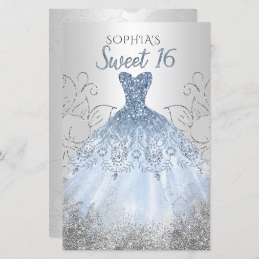 Budget Silver Dusty Blue Dress Sweet 16 Uitnodigin (Voorkant / Achterkant)