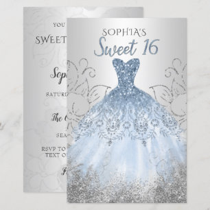 Budget Silver Dusty Blue Dress Sweet 16 Uitnodigin