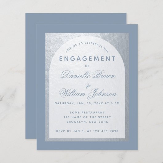 Budget Silver Dusty Blue Verloving Invitation (Voorkant / Achterkant)
