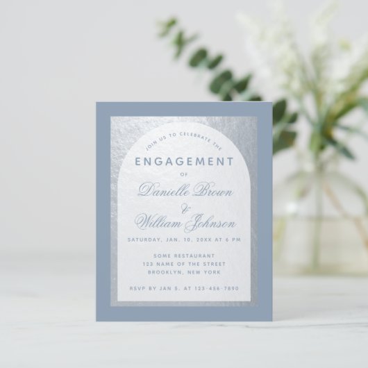 Budget Silver Dusty Blue Verloving Invitation (Staand voorkant)