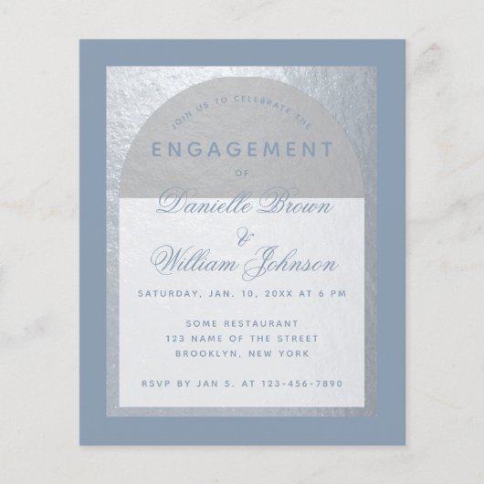 Budget Silver Dusty Blue Verloving Invitation (Voorkant)