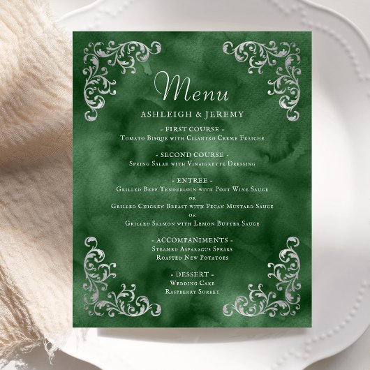 Budget Silver Emerald Green Vintage Wedding Menu