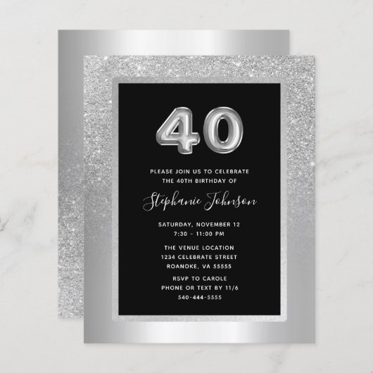 Budget Silver Foil 40th Birthday Party Invitation (Voorkant / Achterkant)
