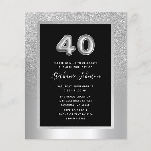 Budget Silver Foil 40th Birthday Party Invitation (Voorkant)