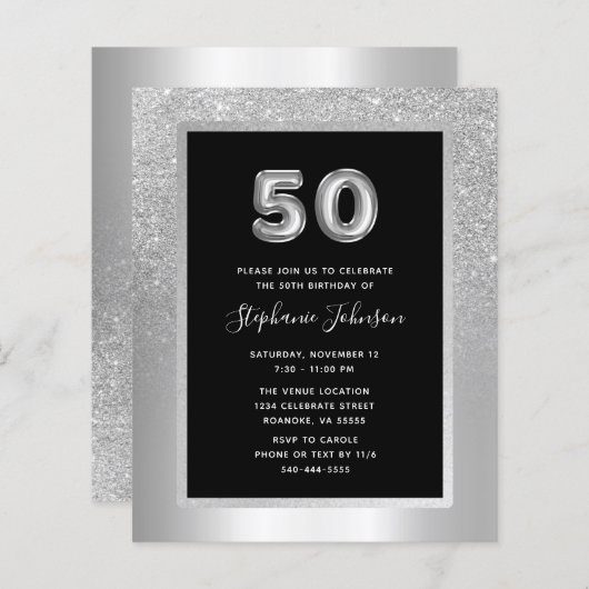 Budget Silver Foil 50th Birthday Party Invite (Voorkant / Achterkant)