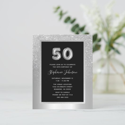 Budget Silver Foil 50th Birthday Party Invite (Staand voorkant)