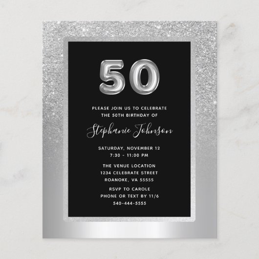 Budget Silver Foil 50th Birthday Party Invite (Voorkant)