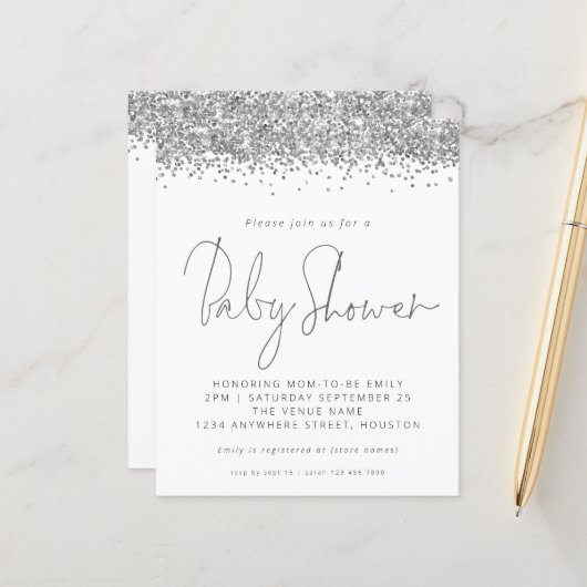 Budget Silver Glitter Baby shower nodigt uit (Voorkant / Achterkant in situ)