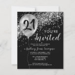 Budget Silver Glitter Balloon Black 21st Birthday<br><div class="desc">Matig elegant zwart,  zilver grijs glitter sparkle ballon Elke dag van de volwassen dag Uitnodiging</div>