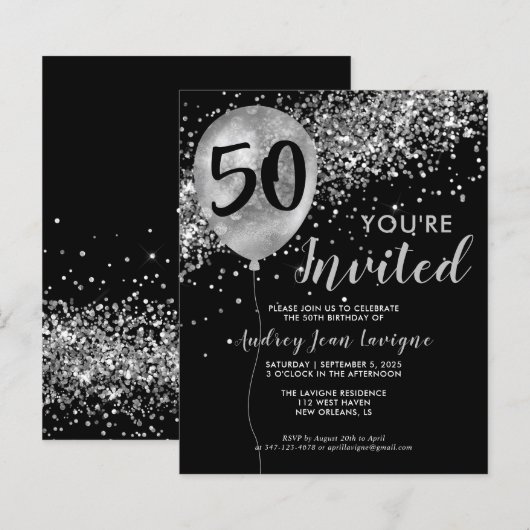 Budget Silver Glitter Balloon Black 50th Birthday (Voorkant / Achterkant)