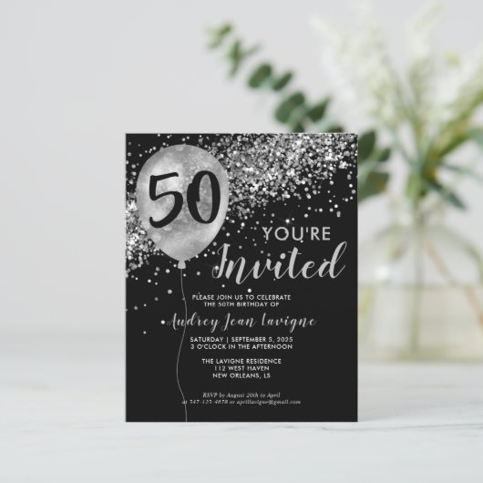 Budget Silver Glitter Balloon Black 50th Birthday (Staand voorkant)