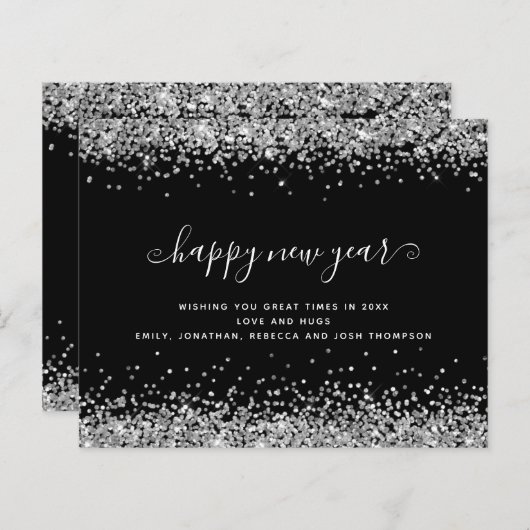 Budget Silver Glitter Black Happy Nieuwjaar Kaart (Voorkant / Achterkant)