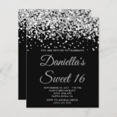 Budget Silver Glitter Black Sweet 16 Uitnodiging (Voorkant / Achterkant)